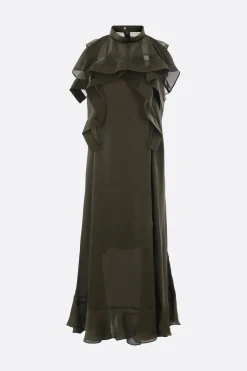 Abiti>SACAI abito smanicato in raso e chiffon Marrone