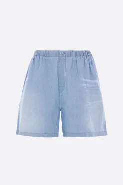 Pantaloni>ACNE STUDIOS bermuda in cotone e lino stampa logo Blu