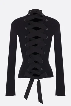 Topwear>BALENCIAGA dolcevita in maglia a coste con lacci Nero