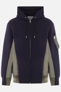 Topwear>SACAI felpa full-zip in jersey e twill Blu