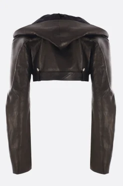 Capispalla>RICK OWENS giacca biker cropped in nappa con cappuccio Nero