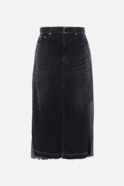 Gonne>SACAI gonna in denim e twill plissé stampato Nero