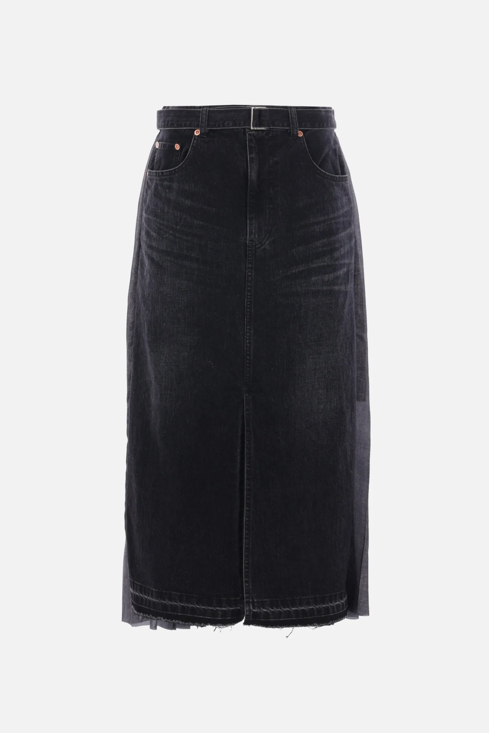 Gonne>SACAI gonna in denim e twill plissé stampato Nero