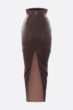 Gonne>RICK OWENS gonna lunga Dirt Pillar in nappa stretch Marrone