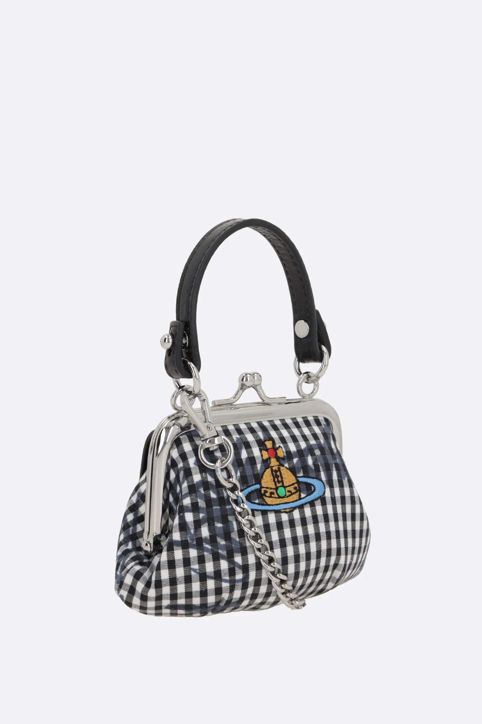 Piccola Pelletteria>VIVIENNE WESTWOOD portamonete mini in tessuto Gingham con catena Nero