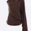 Topwear>RICK OWENS top monospalla in charmeuse Marrone