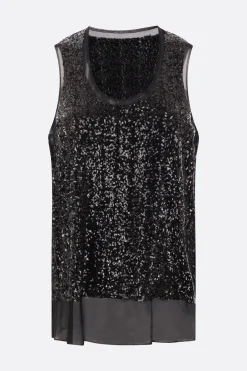 Topwear>COMME DES GARÇONS top smanicato in georgette con paillettes Nero