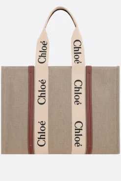 Borse A Mano>CHLOÉ tote Woody large in lino e pelle Marrone